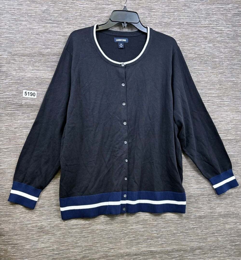 Landโs End Womenโs Cardigan Navy Blue And White Nautical Striped Size 3X